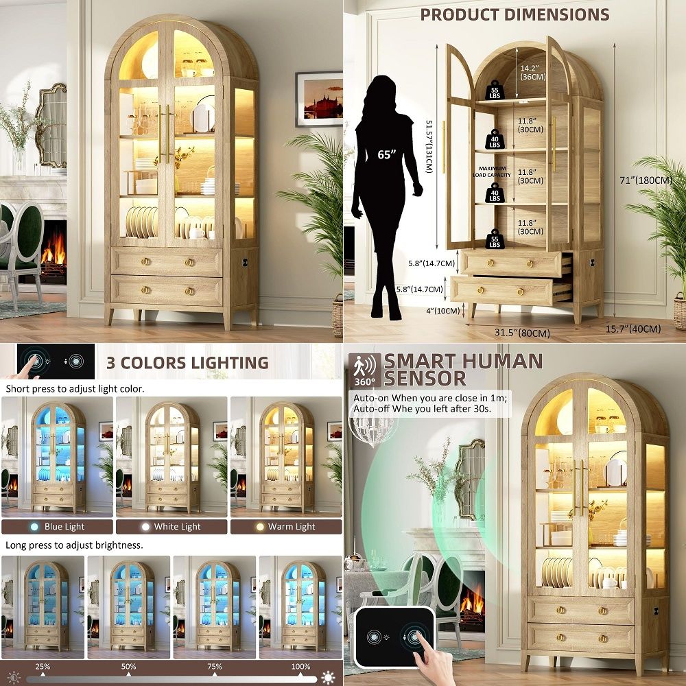 Lighting & Home Decor Studio - 71 Arched Curio Cabinet with Glass
